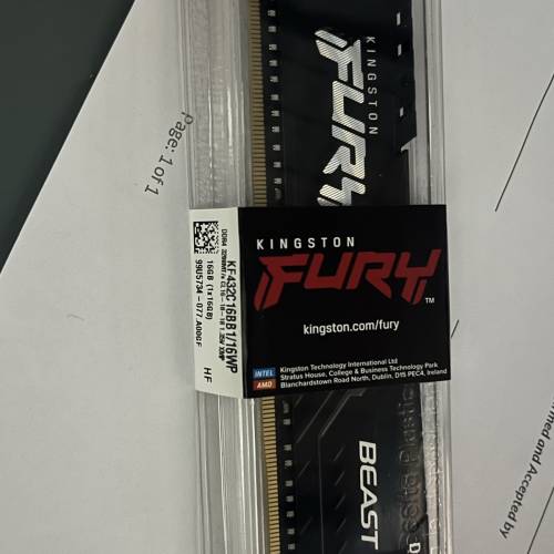 全新冇開封 24/9/2026購買 kingston DDR4 3200 16gb*1 (KF432C16BB1/16WP)