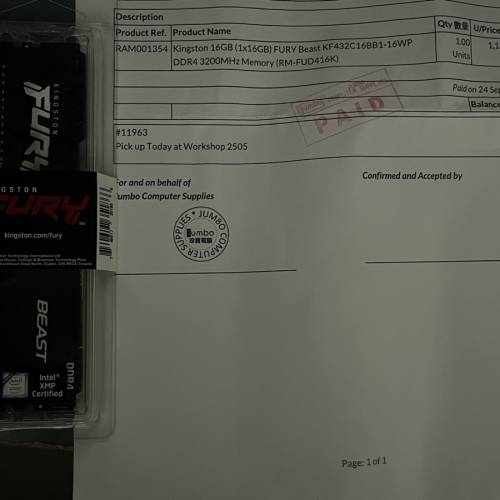 全新冇開封 24/9/2026購買 kingston DDR4 3200 16gb*1 (KF432C16BB1/16WP)