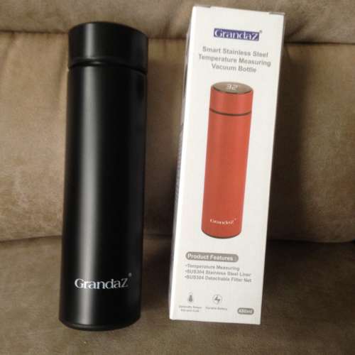 GRANDAZ Smart Stainless Steel Temperature Measuring Vacuum Flask 480ml BLACK NEW