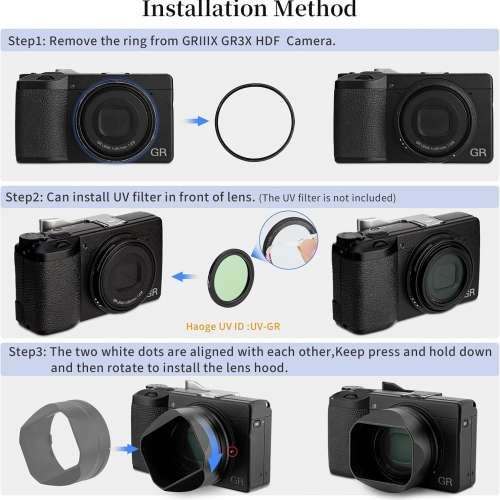 Haoge LH-GR3XH Metal Square Lens Hood For RICOH GRIIIX, GR3X and HDF Camera 方...