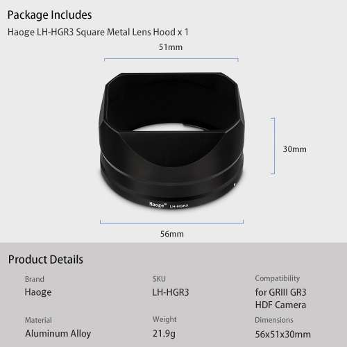 Haoge LH-HGR3 Metal Square Lens Hoods For RICOH GRIII, GR3 HDF 方形遮光罩