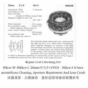 Repair Cost Checking For Nikon W-Nikkor&middot;C 28mm F/3.5 (1953) - Nikon S (
