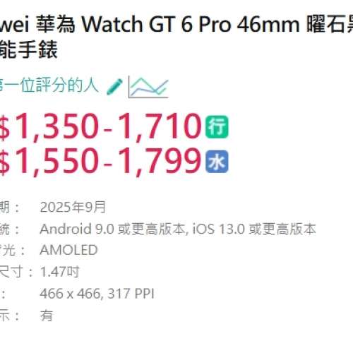 #2862 Huawei 華為 Watch GT 6 Pro 46mm ATM-B29 智能手錶 曜石黑 99%新
