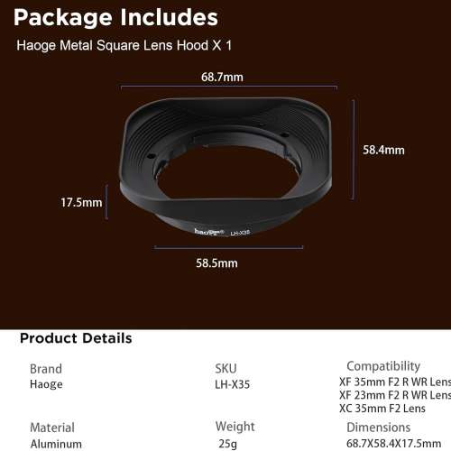 Haoge LH-X35 Bayonet Square Metal Lens Hood For Fujifilm Fujinon XF 35mm f2 R ...