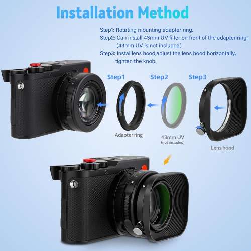 Haoge Square Metal Lens Hood For Leica D-Lux 8 Camera Accessories 43mm Screw-in